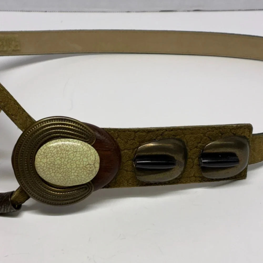 Vintage 90s Moss Green Leather Waist Belt Sculptural Faux Stone Ring Closure